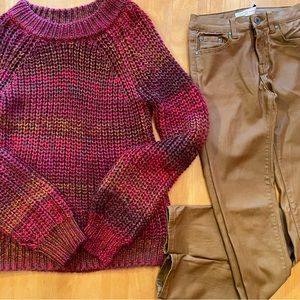 Medium BB Dakota sweater &  small camel colored leather skinny pants outfit